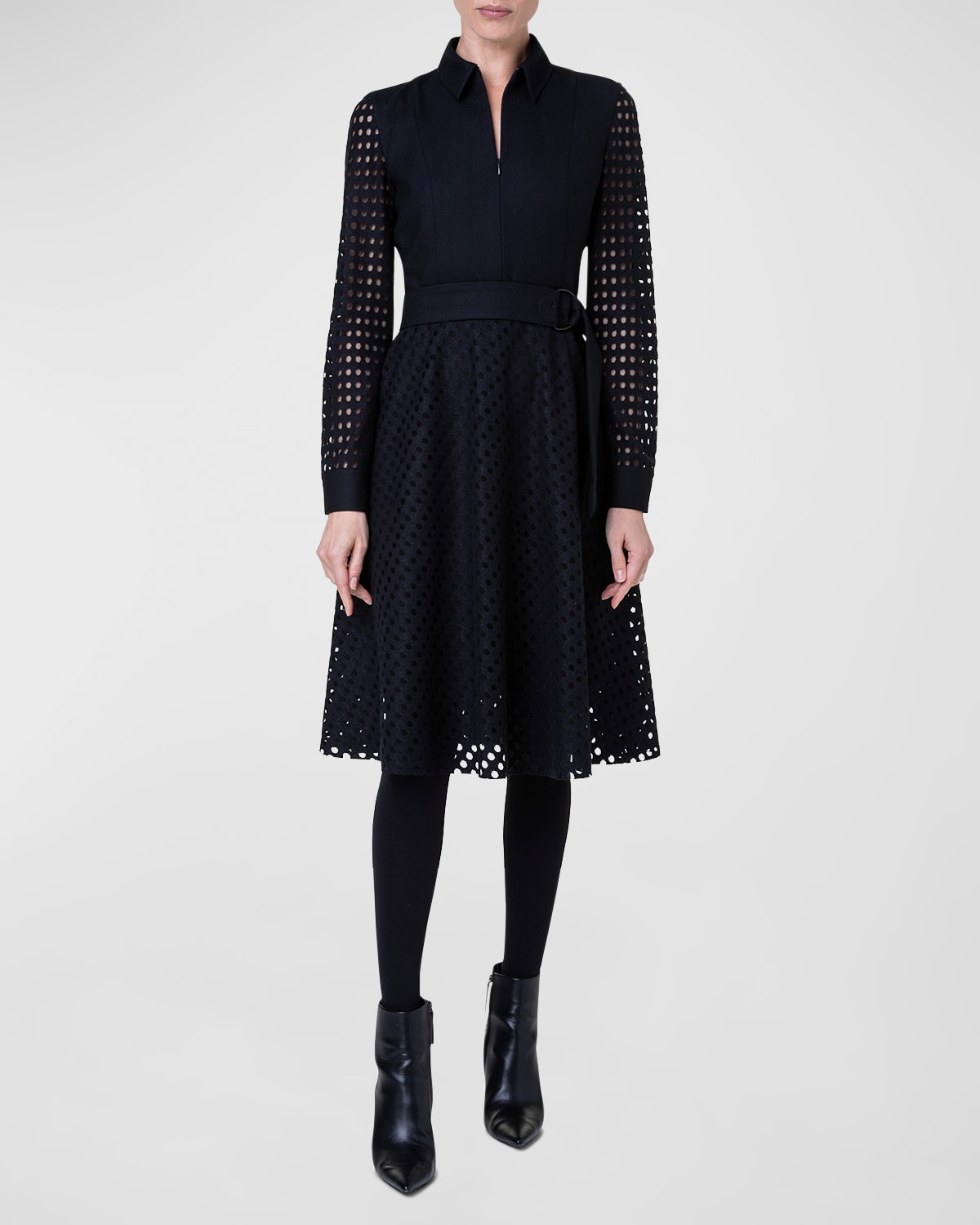 AKRIS PUNTO WOOL FLANNEL DRESS WITH VELVET BURN-OUT DOTTED DETAILS