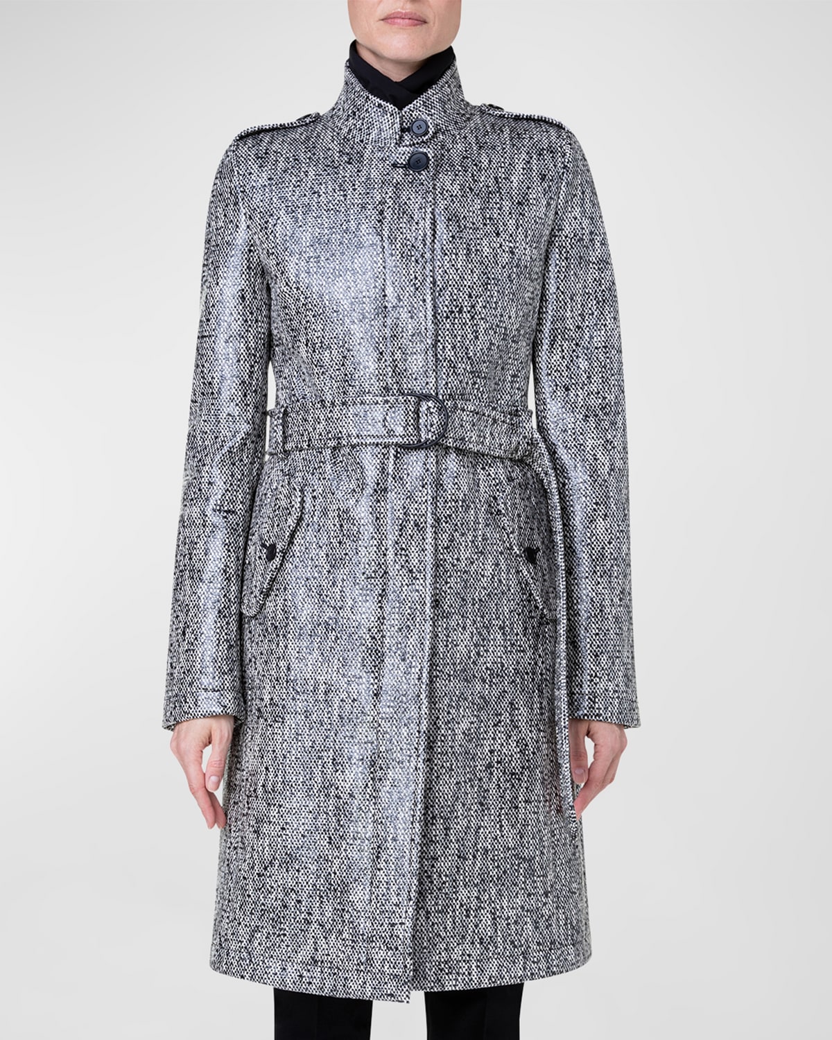 AKRIS PUNTO LACQUERED TWEED TOP COAT WITH REMOVABLE QUILT INSERT