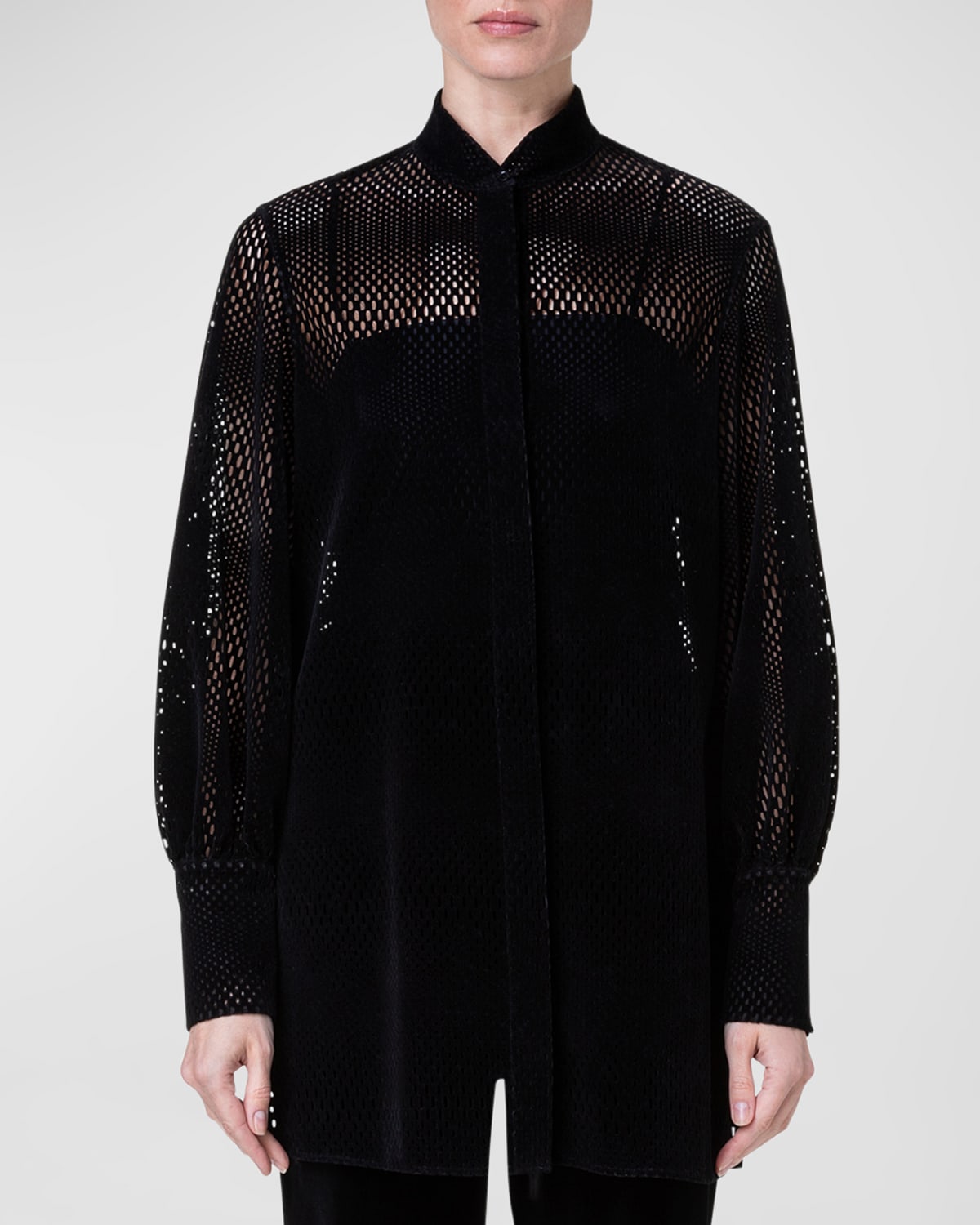 Akris Punto Grid Lasercut Velvet Collared Tunic In Black