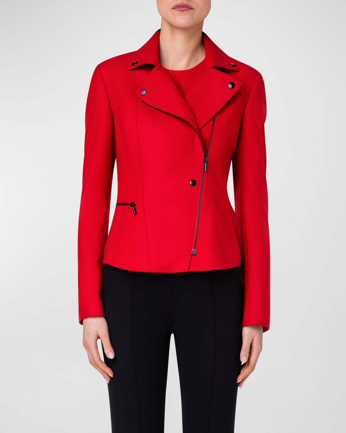 Akris Punto Wool-blend Asymmetric Zip Biker Jacket In Crimson
