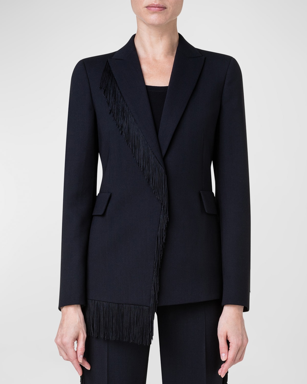 AKRIS PUNTO WOOL CREPE BLAZER JACKET WITH INTARSIA FRINGE DETAIL