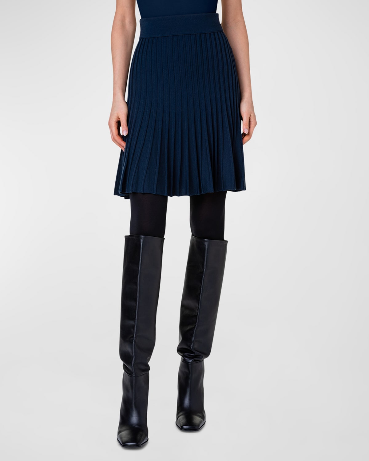 Akris Punto Short Sunray Rib-knit Wool Skirt In Navy Denim