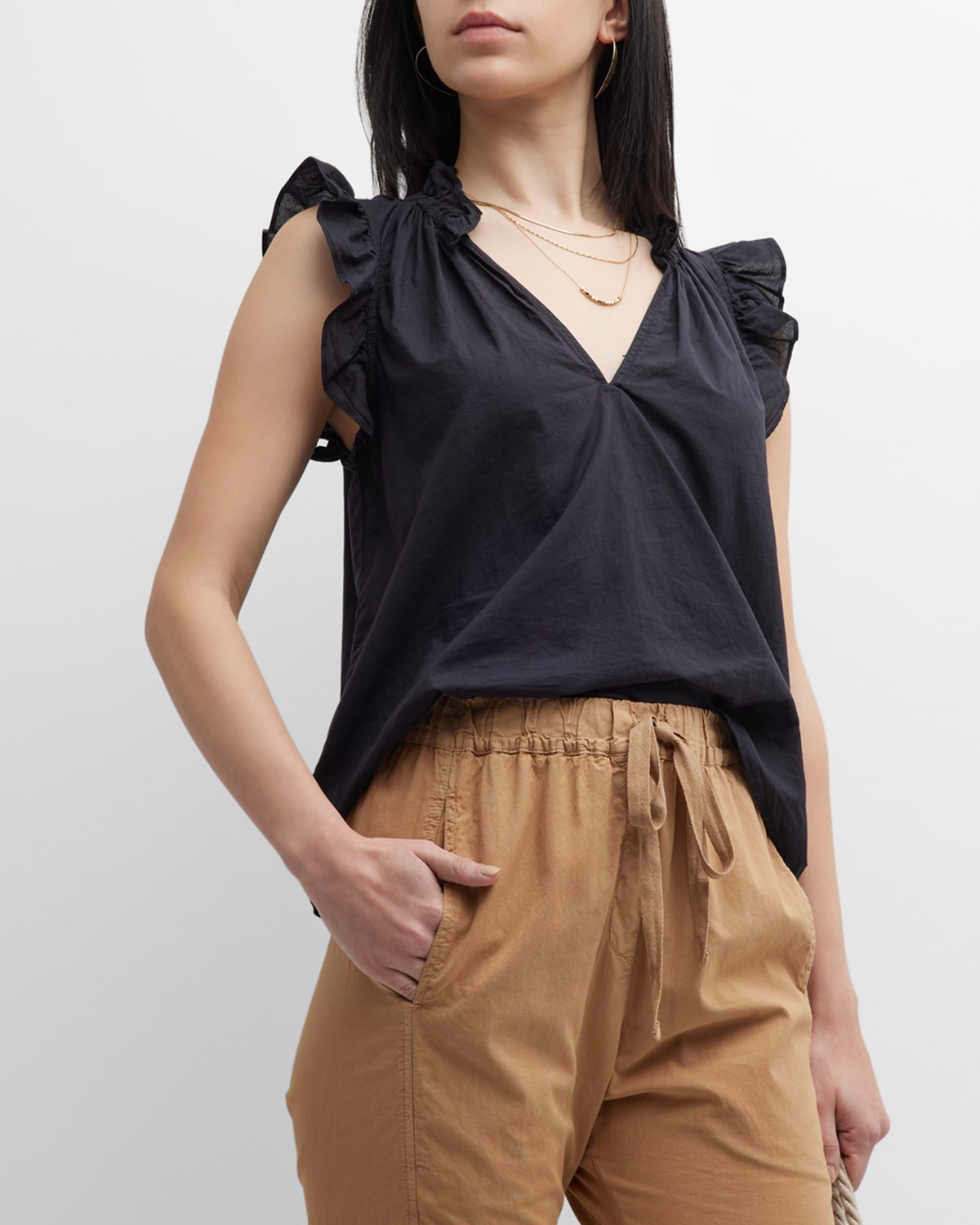 XIRENA BEX SLEEVELESS RUFFLE-TRIM POPLIN TOP