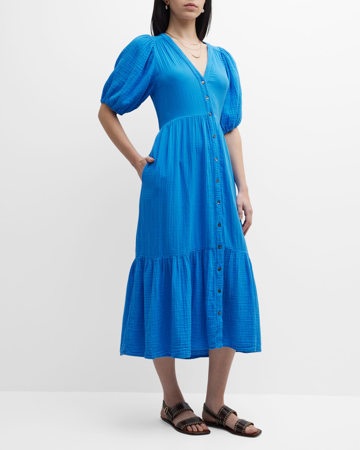 XIRENA LENNOX PUFF-SLEEVE COTTON GAUZE MIDI DRESS