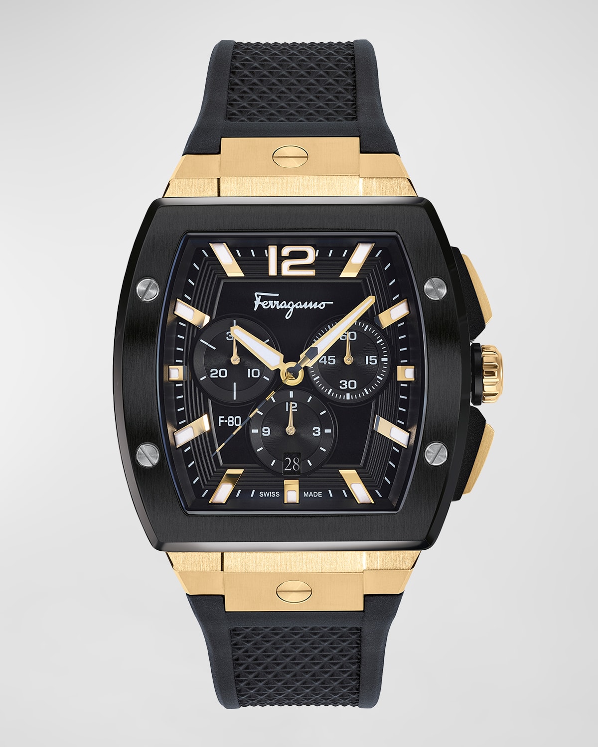 Shop Ferragamo Men's F-80 Tonneau Ip Yellow Gold Silicone Strap Chronograph Watch In Two Tone