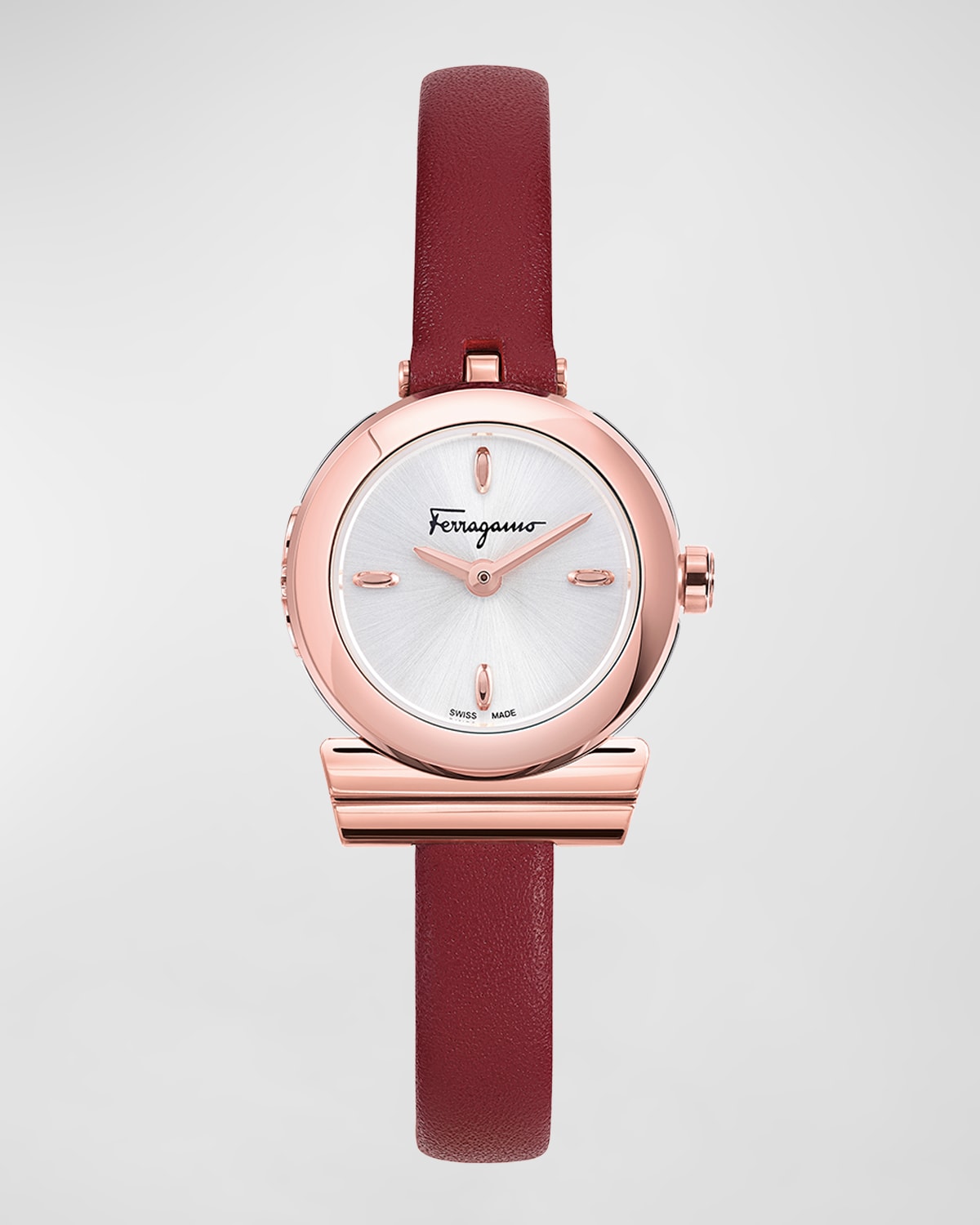 FERRAGAMO 22.5MM GANCINO WATCH WITH LEATHER STRAP, ROSE GOLD/RED