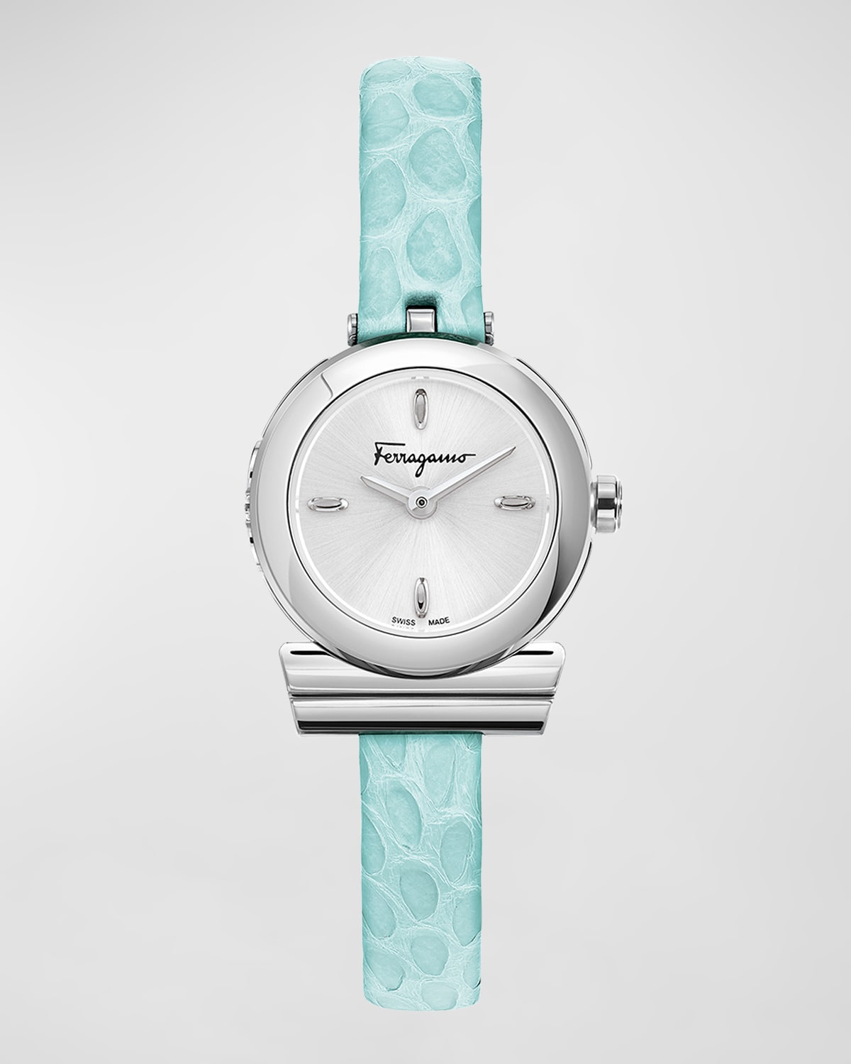 Ferragamo 22.5mm Gancino Watch With Elaphe Strap, Silver/blue In Silver