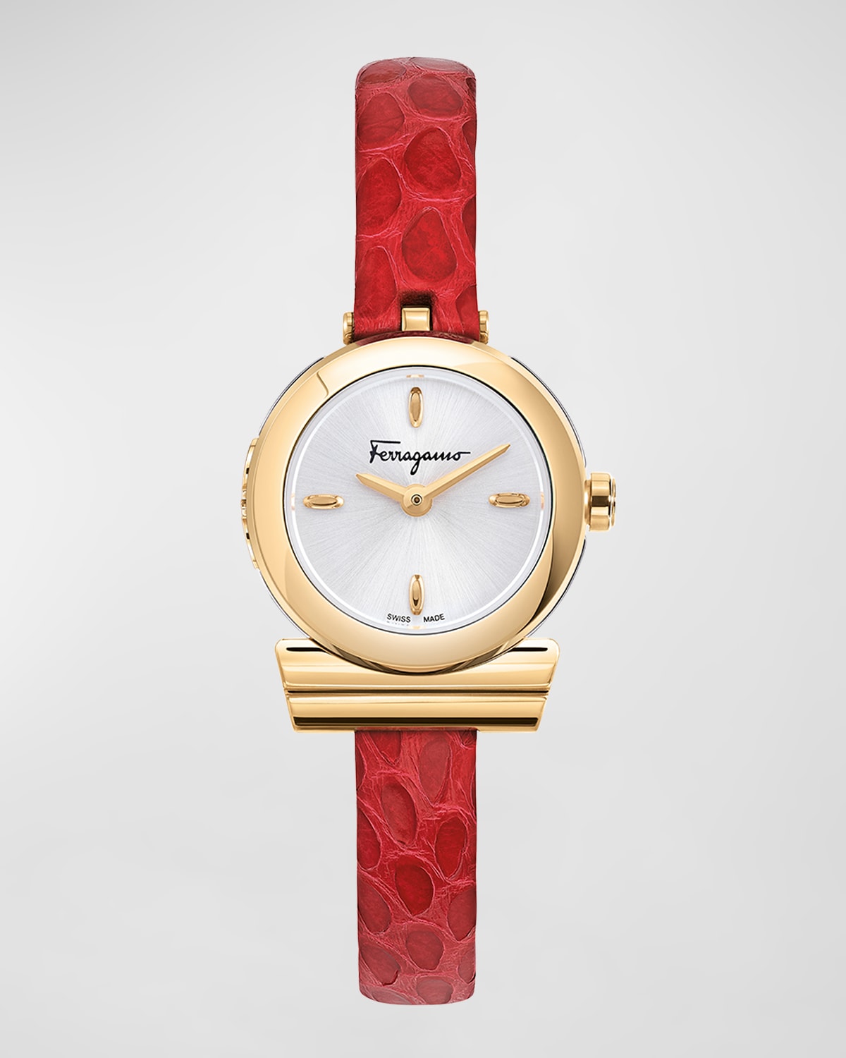 Ferragamo 22.5mm Gancino Watch with Elaphe Strap, Yellow Gold/Red