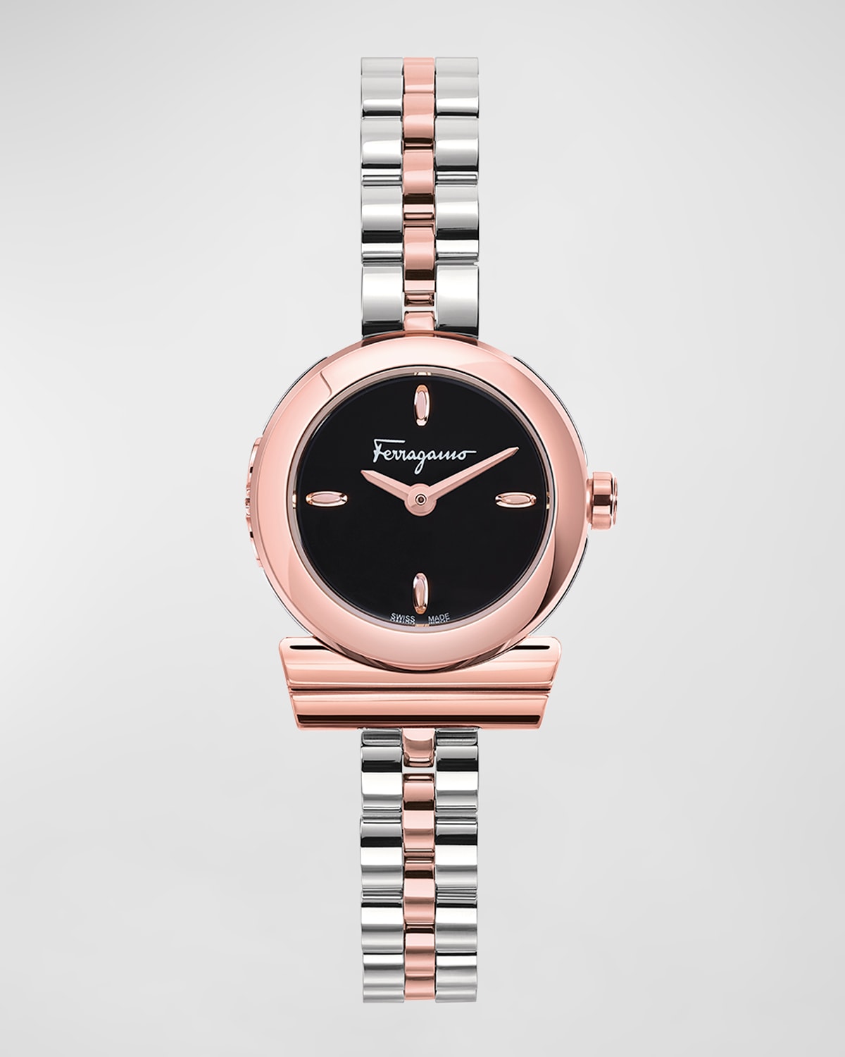 Ferragamo 22.5mm Gancino Watch With Bracelet Strap Two tone black