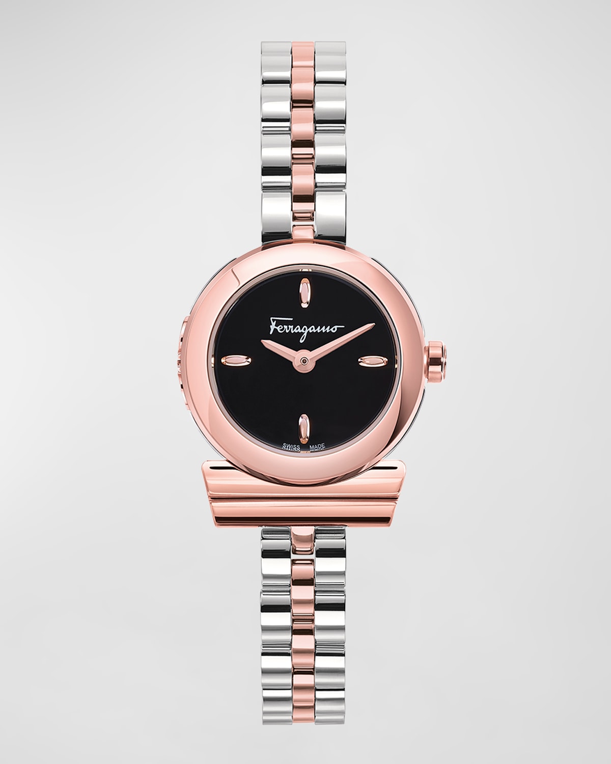 Ferragamo 22.5mm Gancino Watch With Bracelet Strap, Two-tone/black In Rose Gold Two Tone