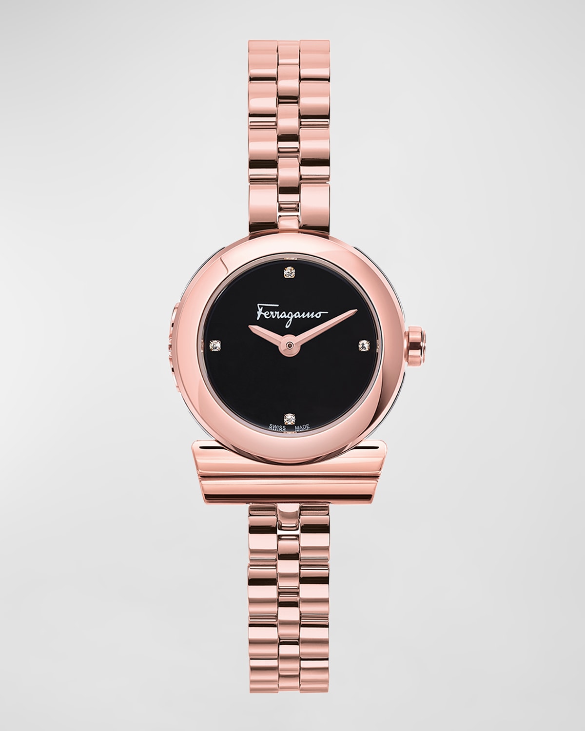 Ferragamo 22.5mm Gancino Watch With Bracelet Strap And Diamonds, Rose Gold/black