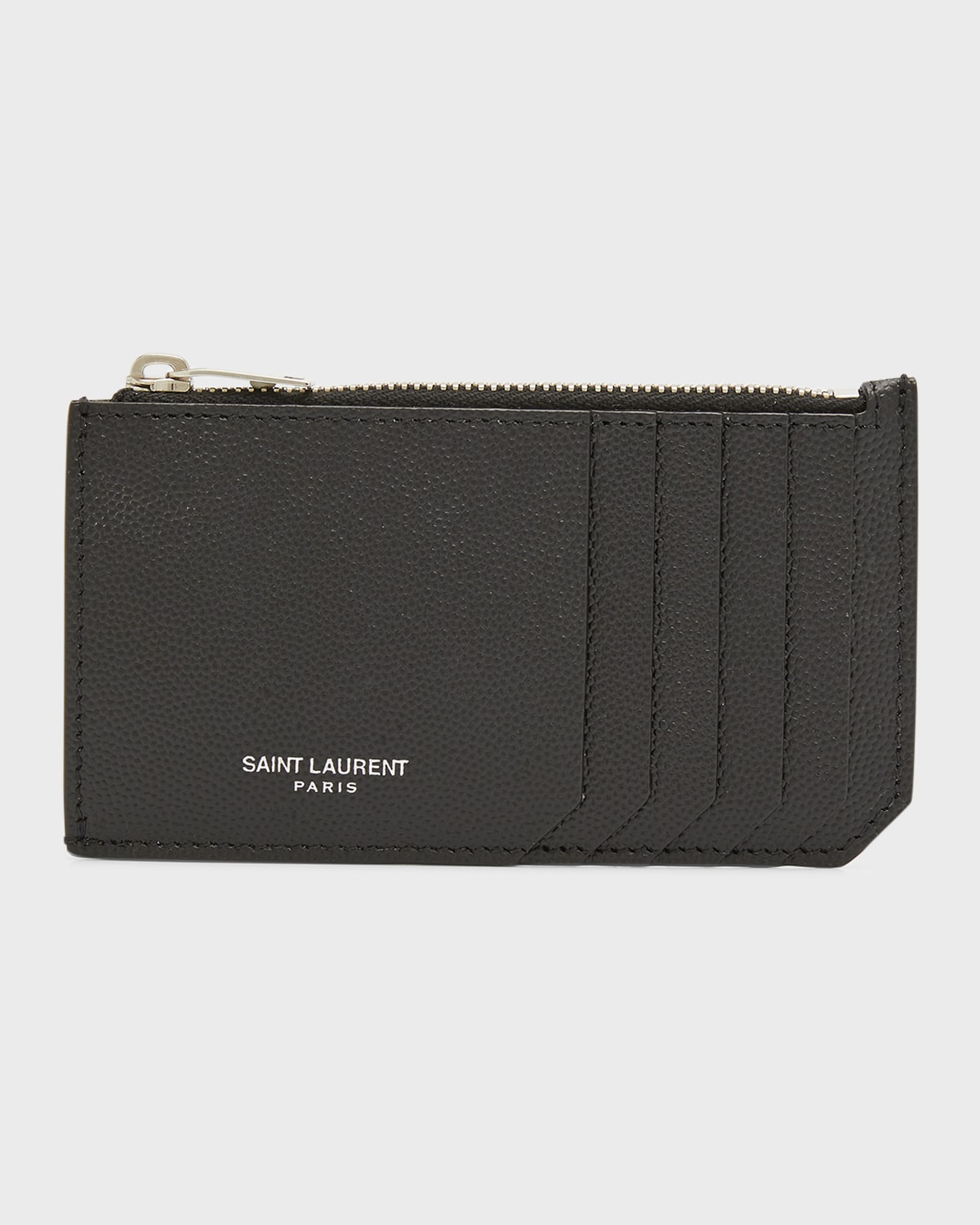 Shop Saint Laurent Men's Grain De Poudre Leather Zip Card Holder In Nero