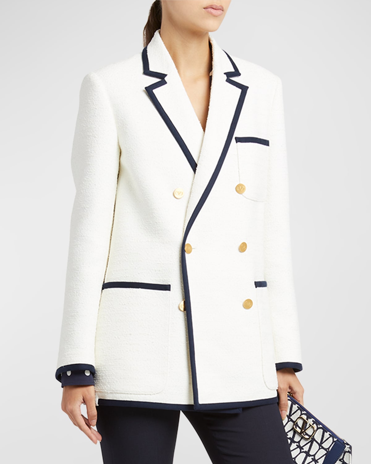 Shop Valentino Crisp Tweed Blazer Jacket With Contrast Trim In Navy Cream