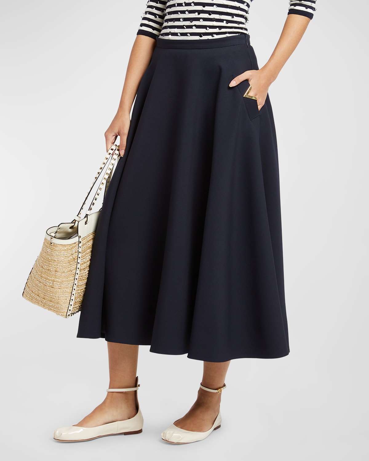 Shop Valentino Crepe Couture Midi Skirt With Logo Hardware In Navy