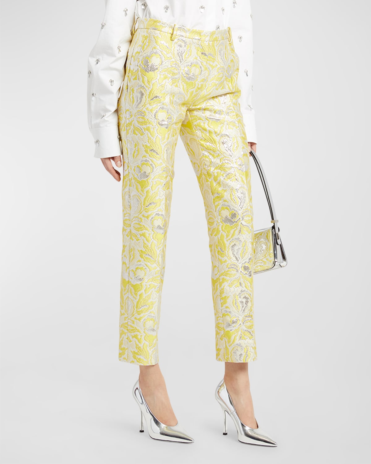 Valentino Iris Brocade Tailored Cropped Trousers In Yellow Multi