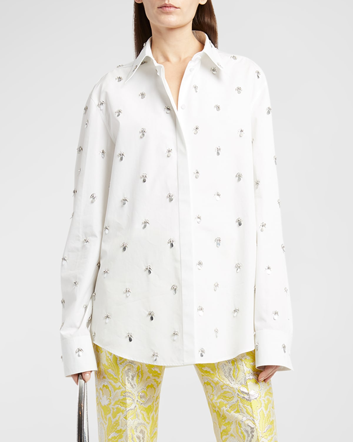 Valentino Embroidered Crystal Poplin Button-front Shirt In White