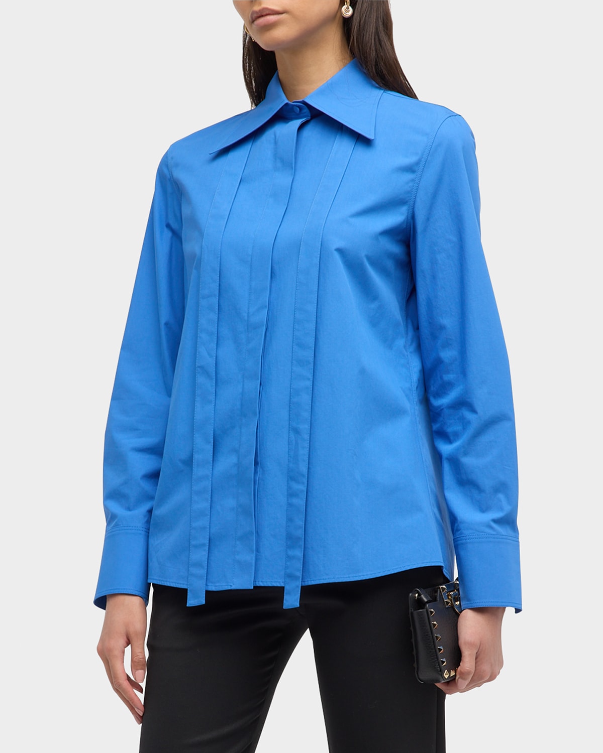 Shop Valentino Cotton Popeline Button-front Shirt With Self-tie Collar In Blue