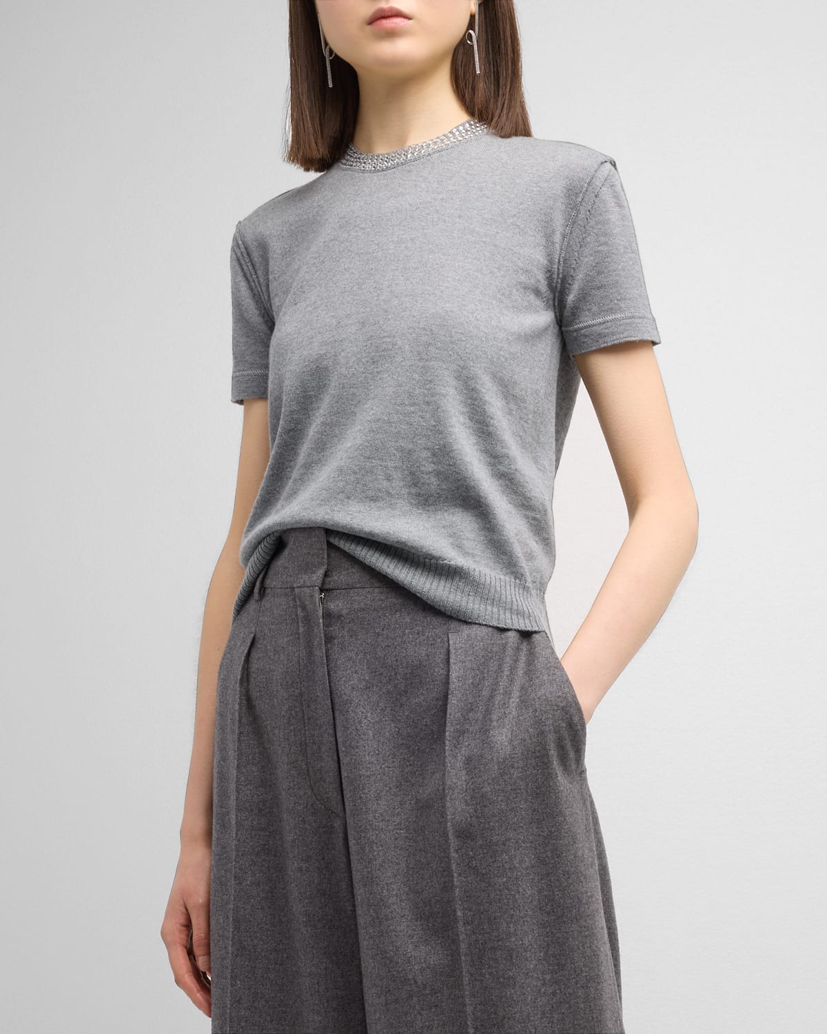 Shop Valentino Strass Embellished Short-sleeve Crop Knit Sweater In Gray Charcoal