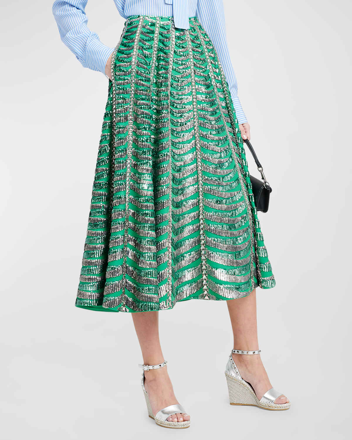 Shop Valentino Embroidered Crepe Couture Midi Skirt In Greenmulti