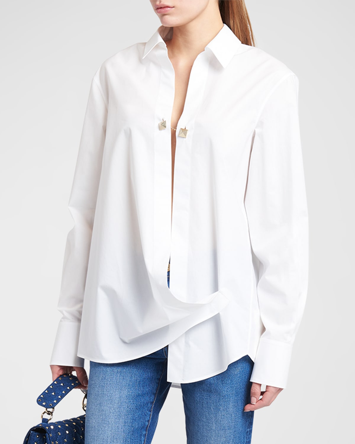 VALENTINO SARTORIAL POPELINE ROMAN STUD TOGGLE COLLARED SHIRT