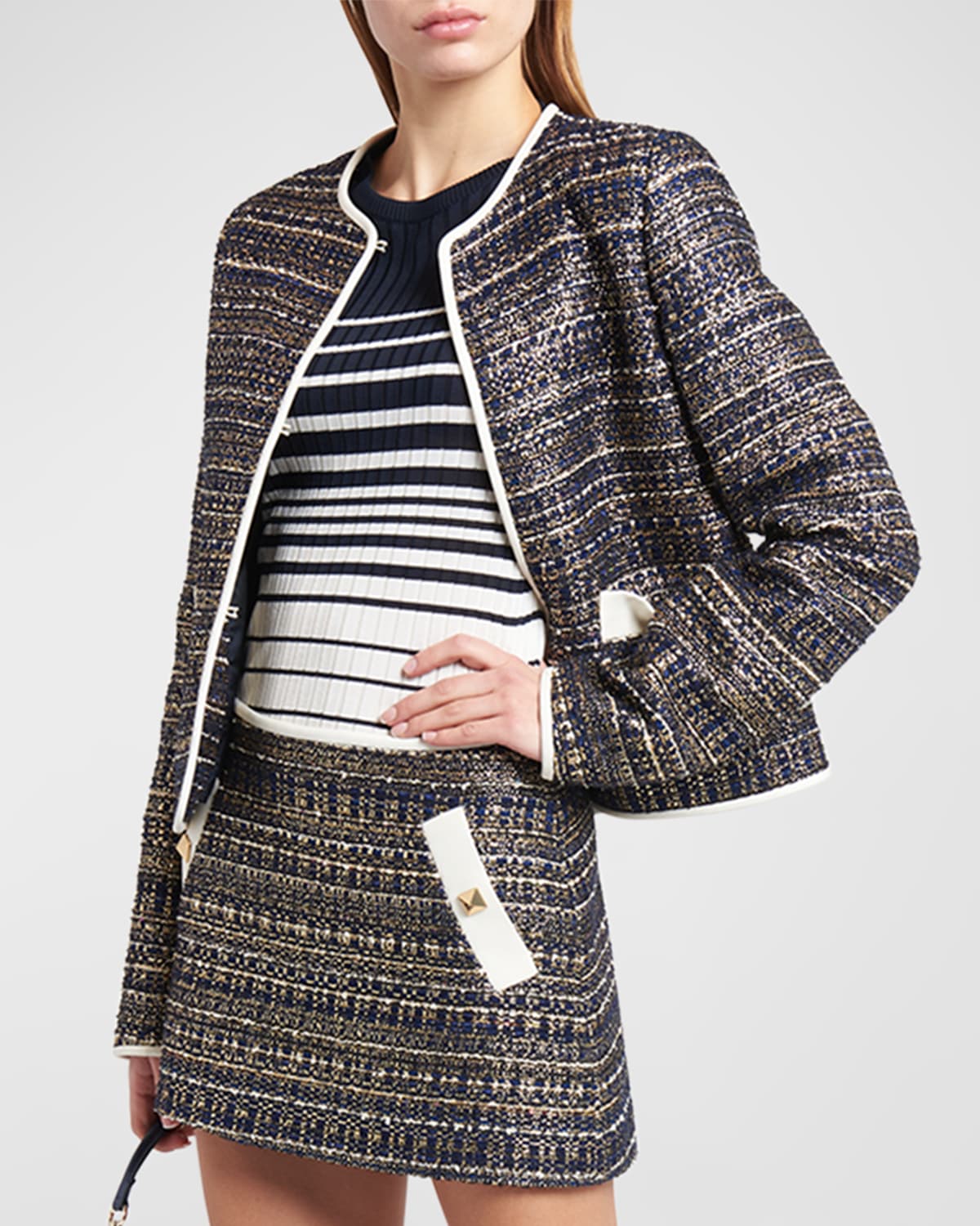 Shop Valentino Tweed Party Short Jacket In Navy Gold