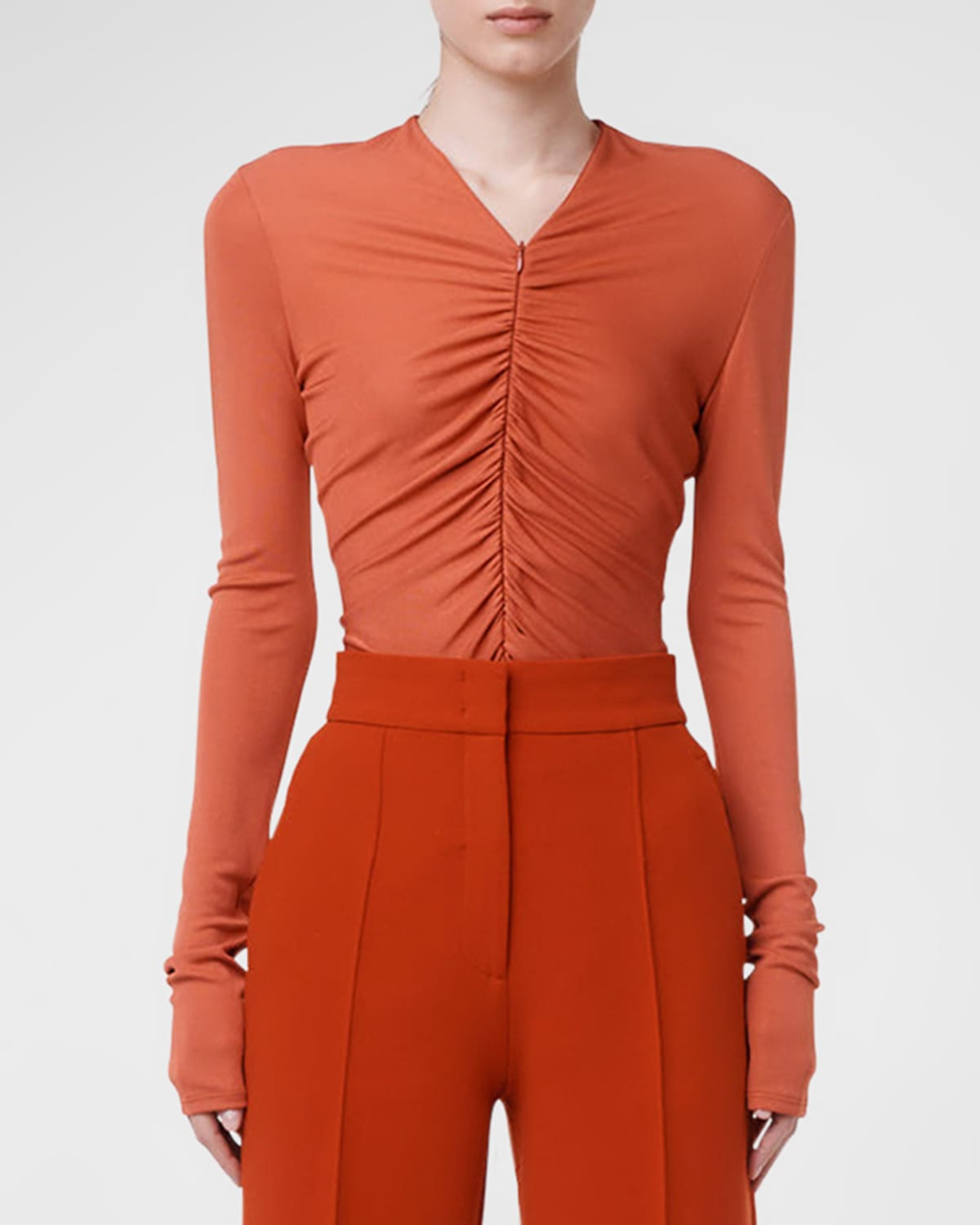 Another Tomorrow Shirred Zip-front Top In Sienna Red