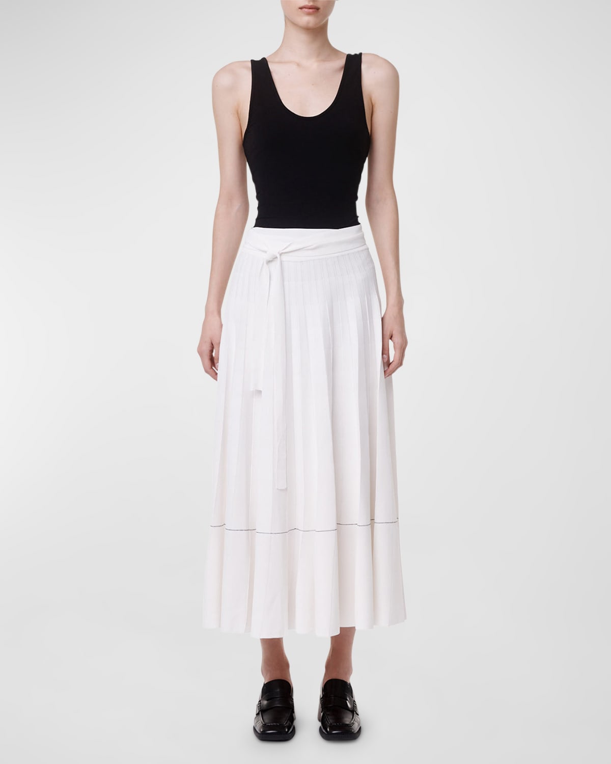 Another Tomorrow Pleated Midi Skirt with Tie Belt
