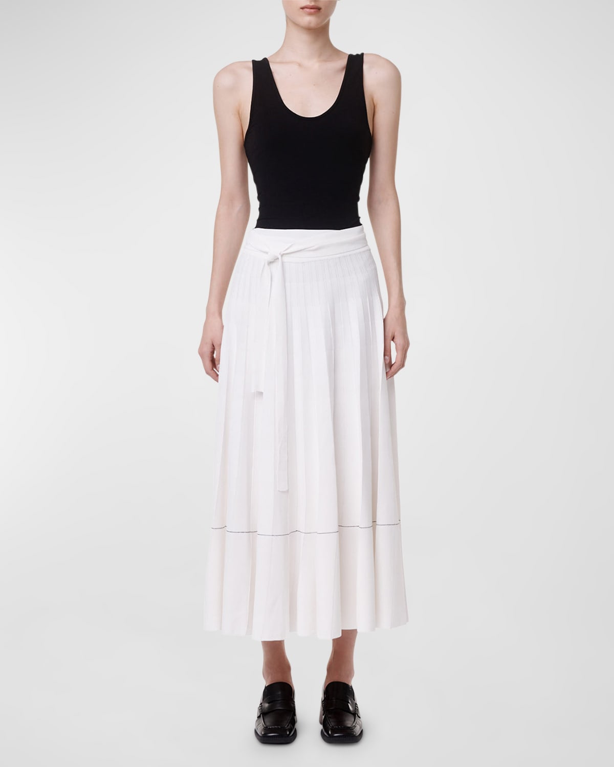 Another Tomorrow Belted Tiered Knitted Midi Skirt In White
