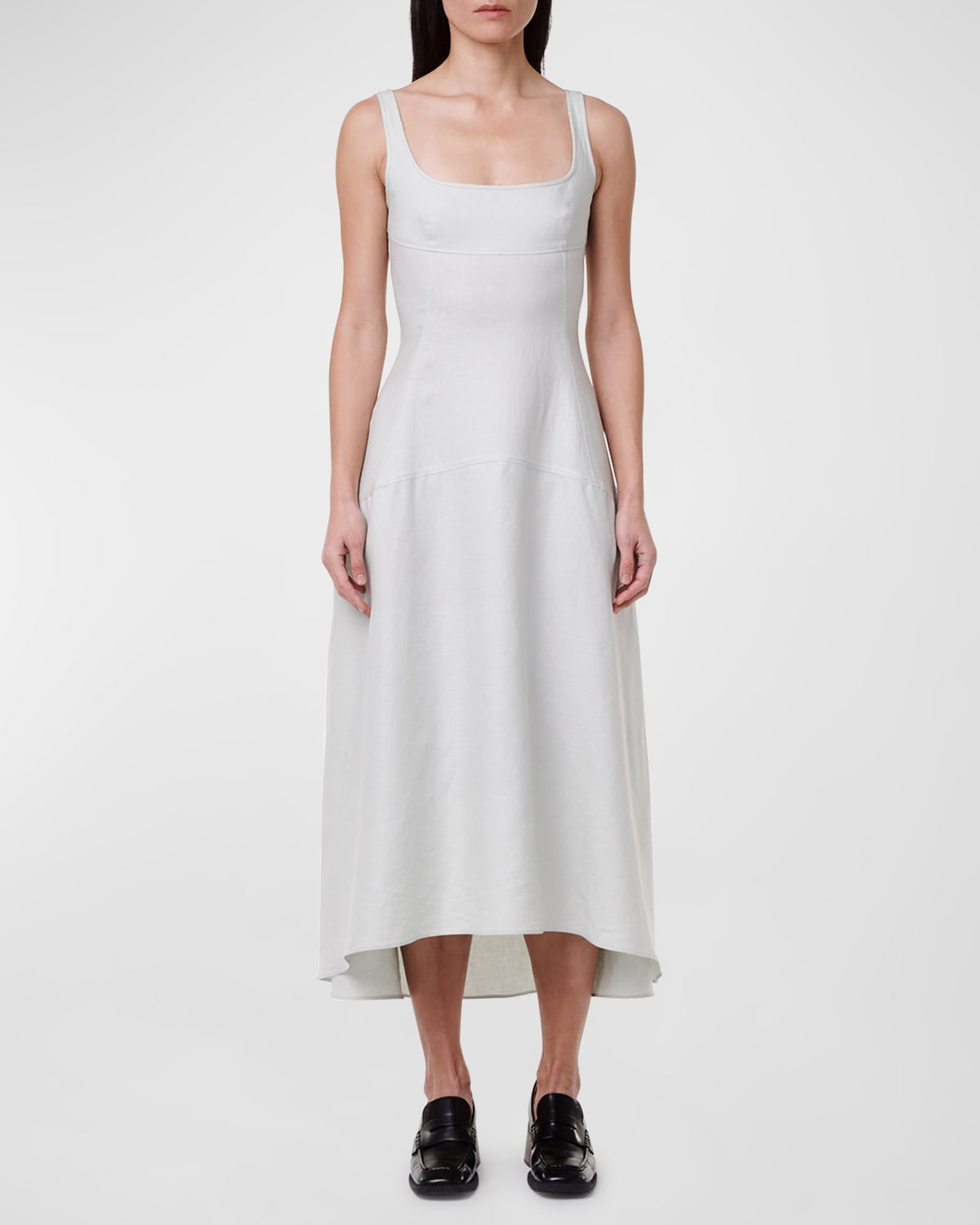 ANOTHER TOMORROW SEAMED BODICE LINEN MIDI DRESS