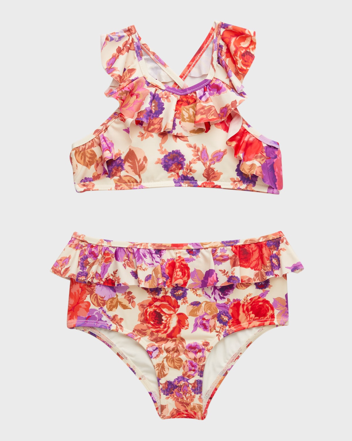 Zimmermann Girl's Raie Floral-print Frill Two-piece Swimsuit In Red/purple Floral