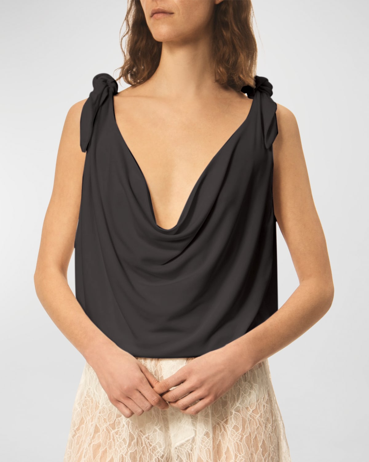 Interior Fern Cowl Neck Top With Knot Details In Black