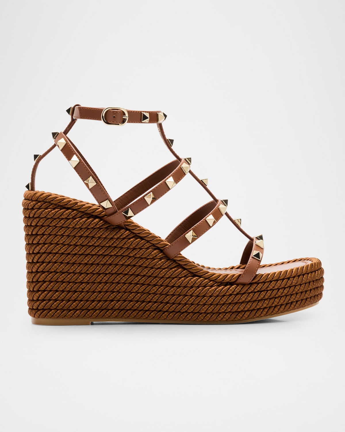 Valentino Rockstud Torchon 105 Leather Espadrille Wedge Sandals In Tobacco