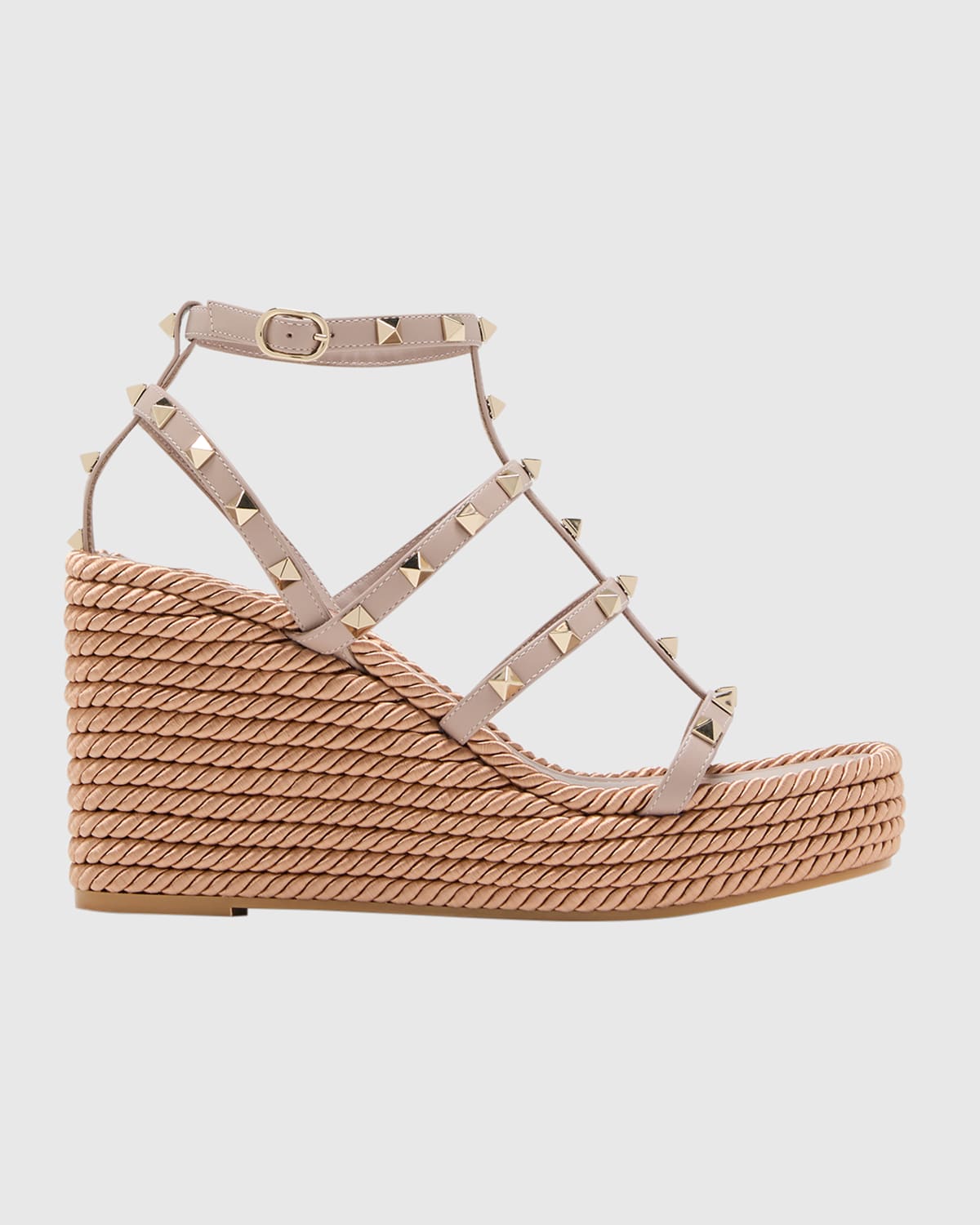 Shop Valentino Rockstud Leather Wedge Espadrille Sandals In P45 Poudre