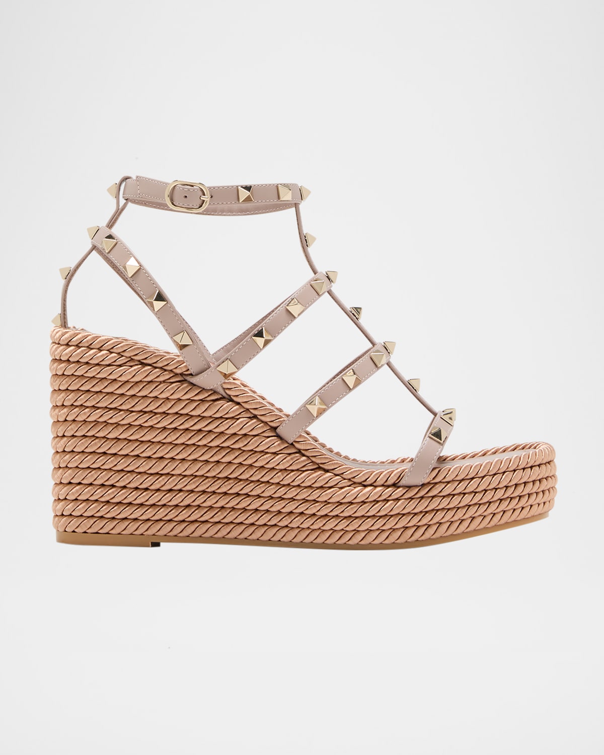 Shop Valentino Rockstud Leather Wedge Espadrille Sandals In P45 Poudre