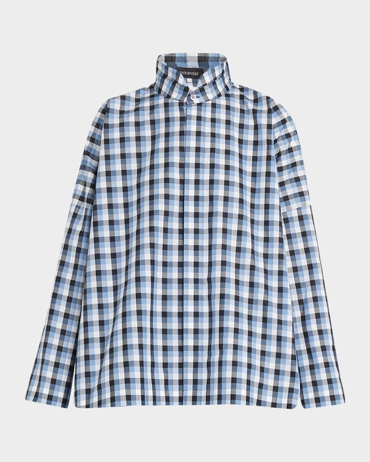 Eskandar Wide Longer-back Plaid Shirt With Double Stand Collar (mid-plus) In Bluemix