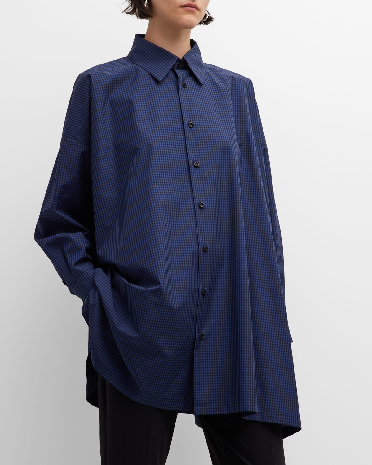 Eskandar Wide A-line Check Shirt With Collar (long Plus) In Navyblack
