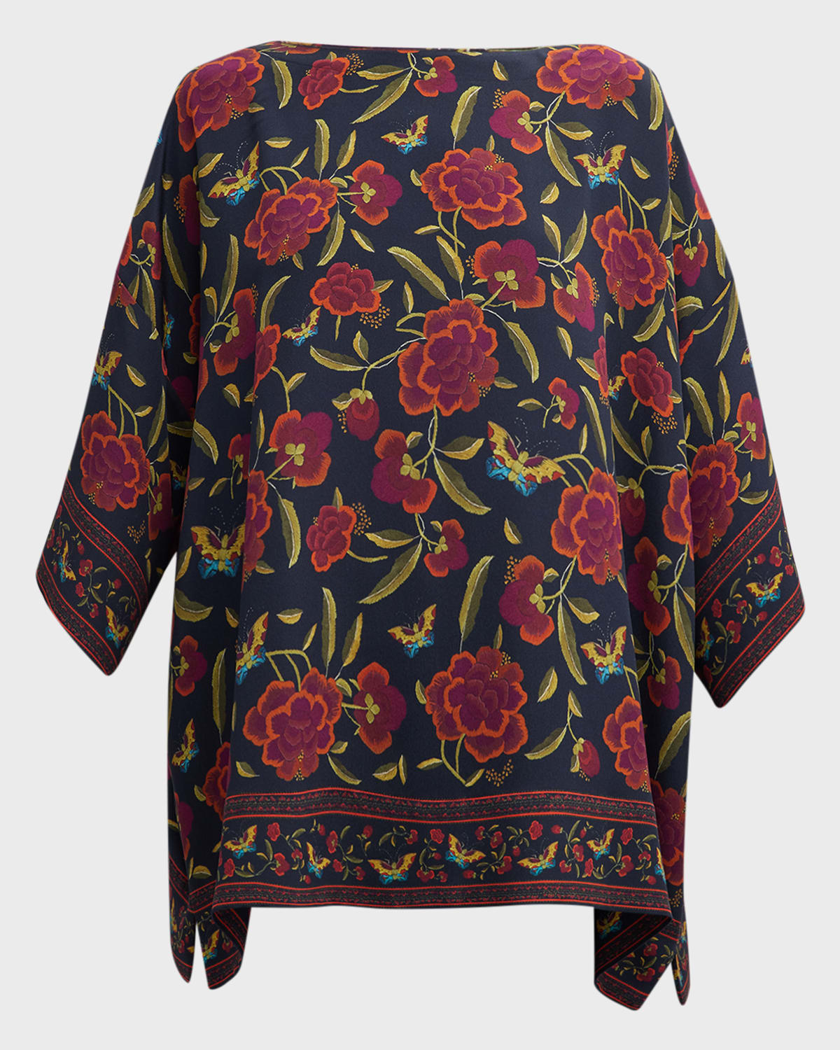 Eskandar Long Floral Tunic In Garnet