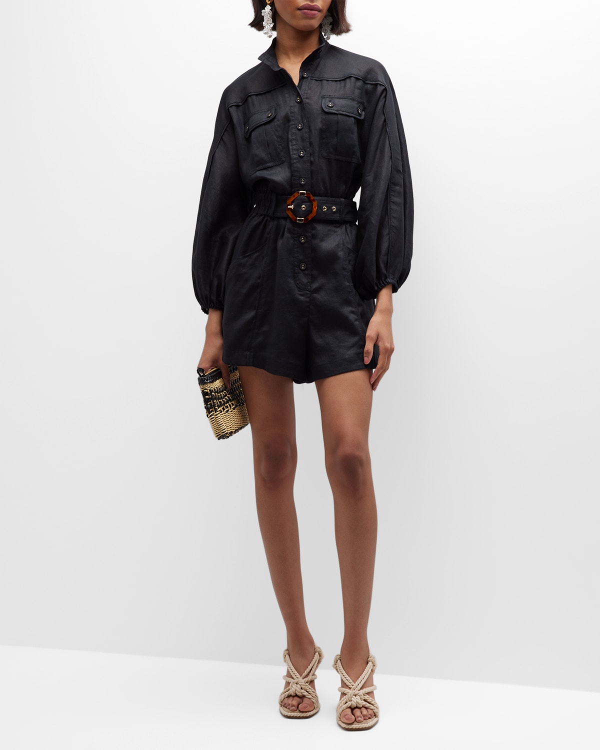 Zimmermann Devi Button-front Paneled Playsuit In Black