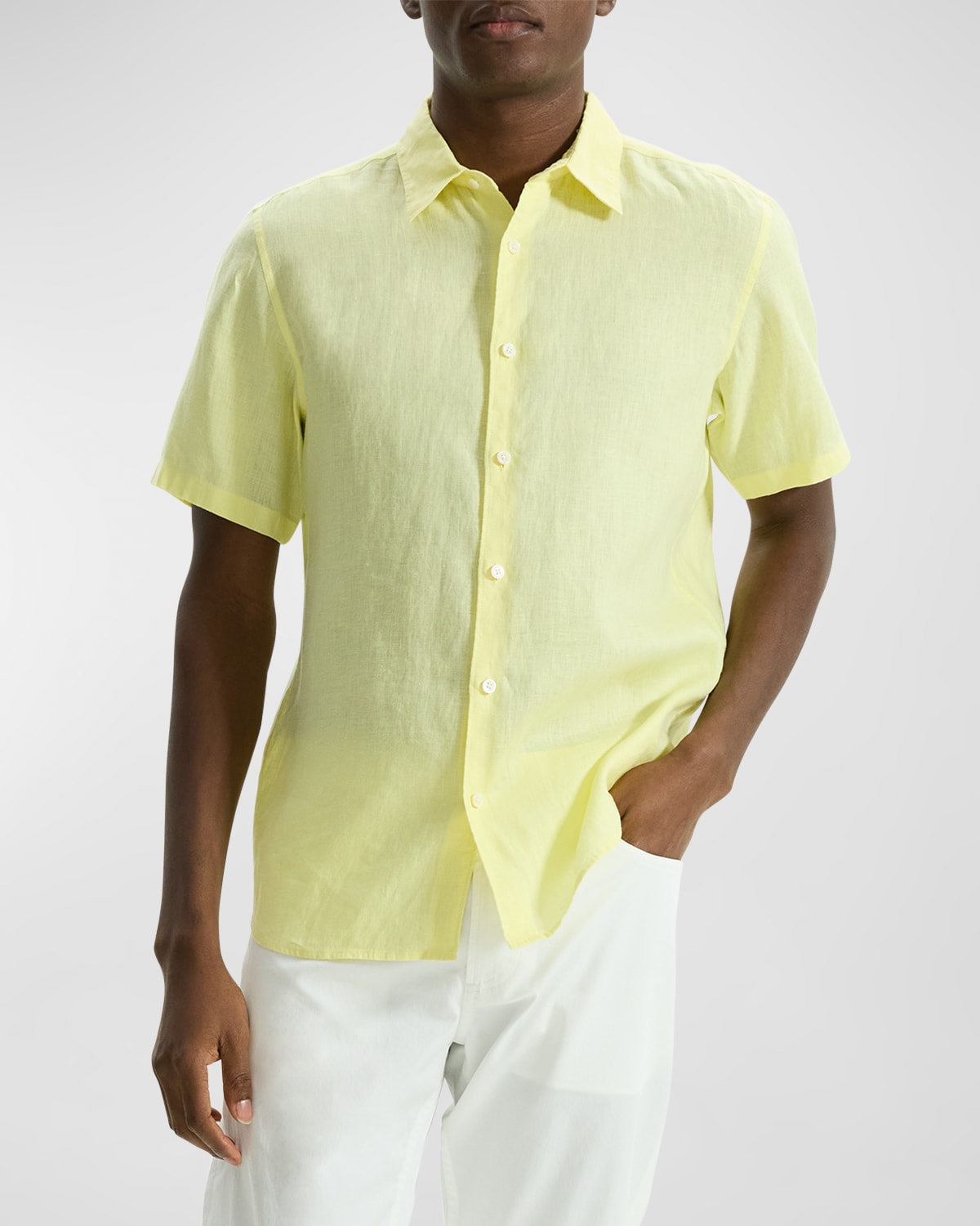 Theory Men's Irving Short Sleeve Shirt In Relaxed Linen In Citrus