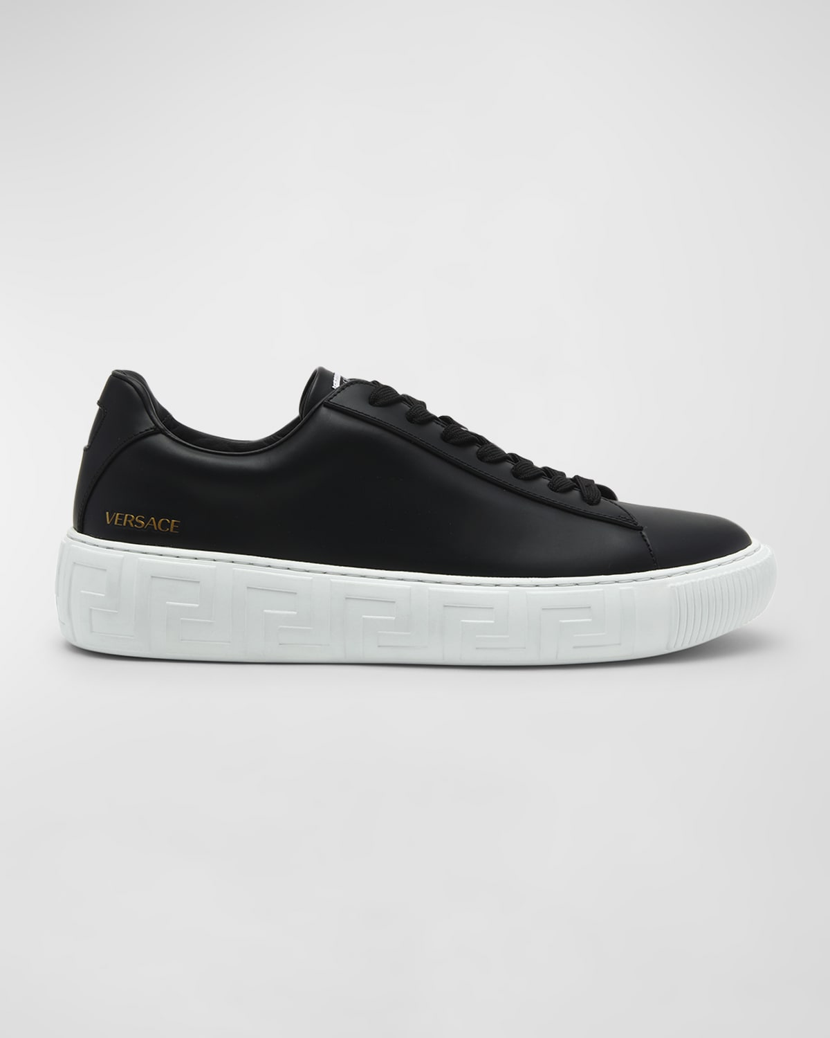 Shop Versace Men's Greca Leather Low-top Sneakers In Black