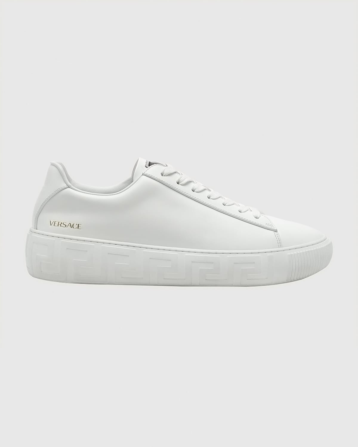 Shop Versace Men's Greca Leather Low-top Sneakers In White