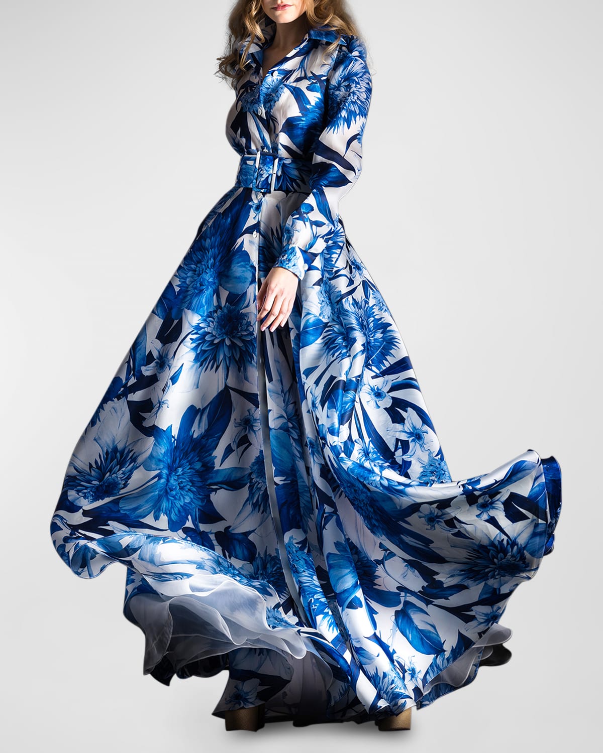 NAEEM KHAN FLORAL-PRINT BELTED TRENCH GOWN