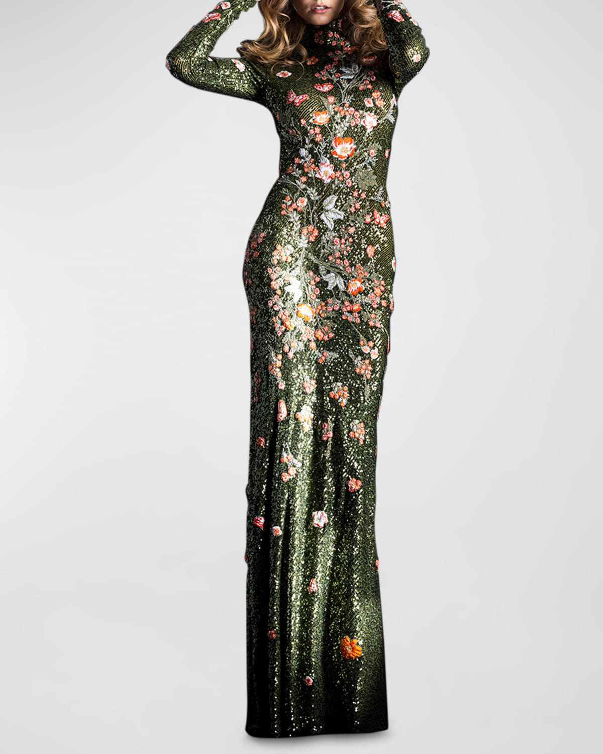 NAEEM KHAN FLORAL-EMBROIDERED SEQUIN HIGH-NECK GOWN