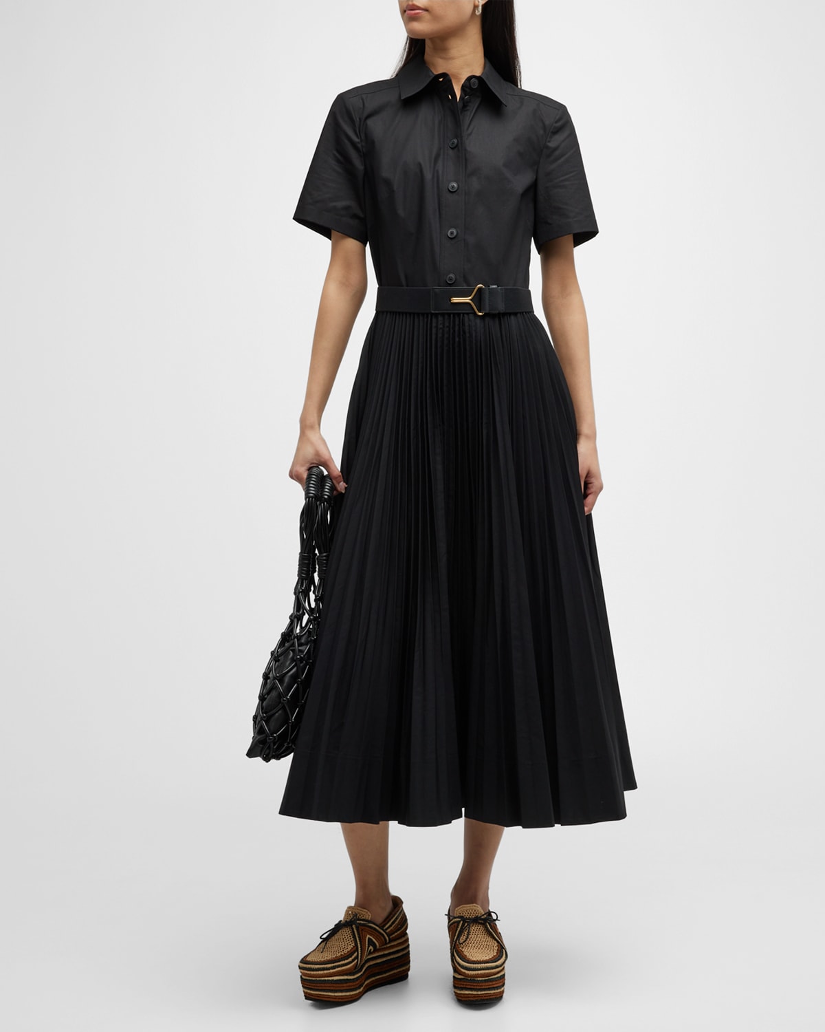 Tory Burch Pleated Short-sleeve Poplin Midi Shirtdress In Black