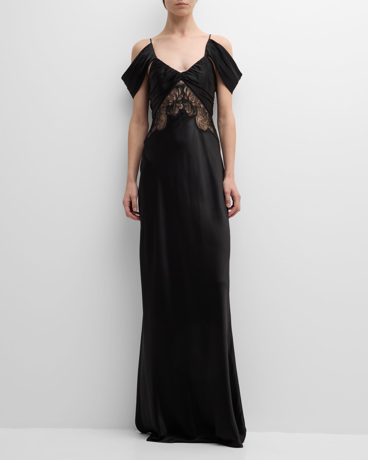 Shop Alberta Ferretti Draped Off-the-shoulder Lace-inset Satin Gown In Black