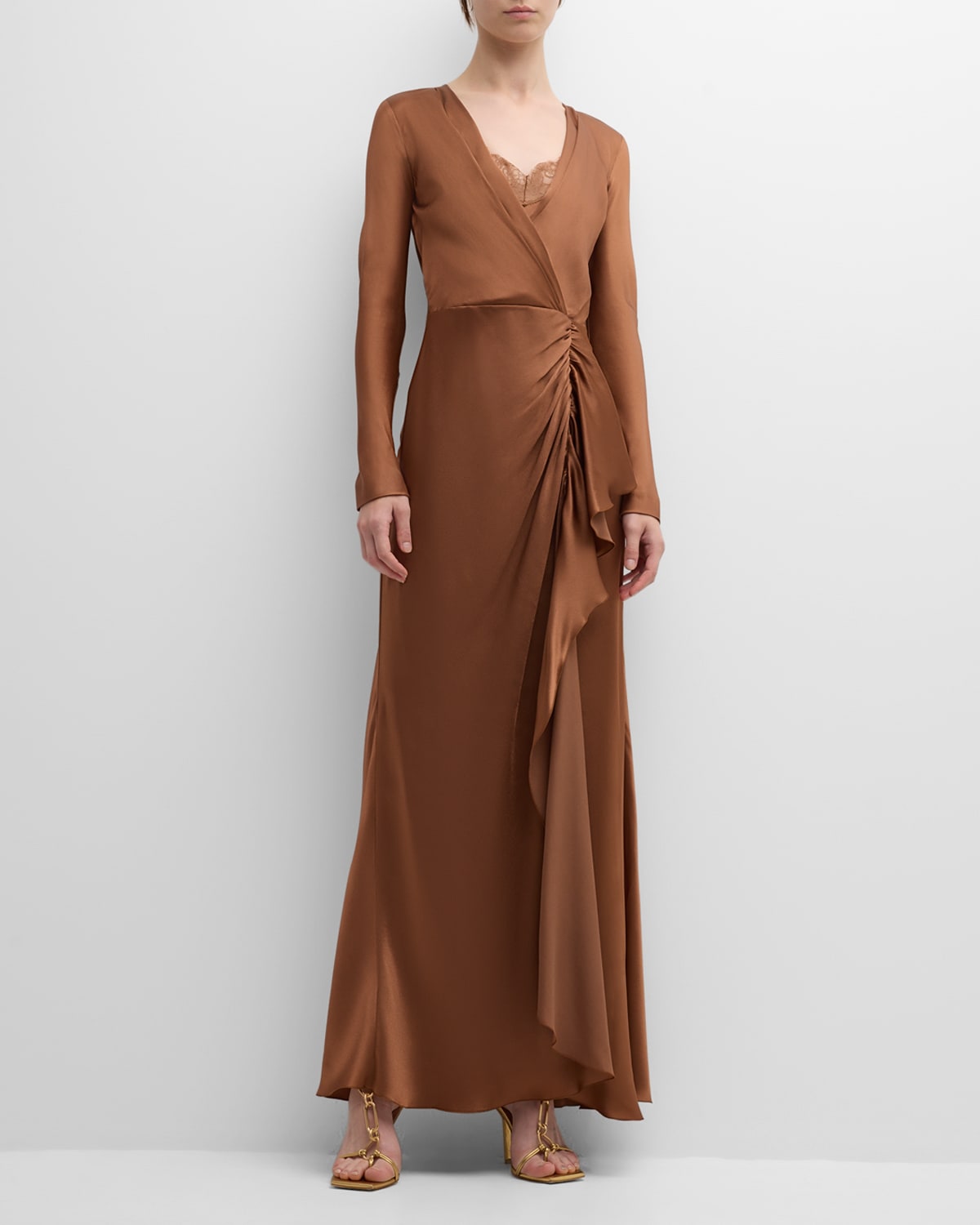 Alberta Ferretti Lace-trim Long-sleeve Satin Gown In Brown
