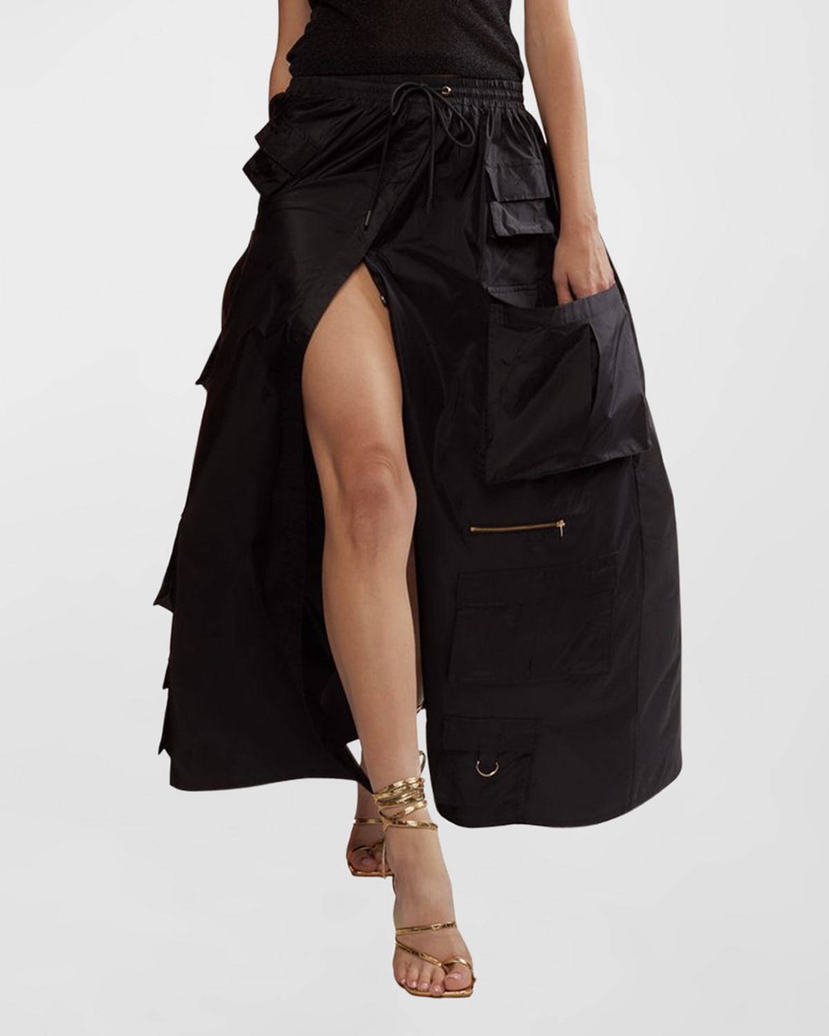 CYNTHIA ROWLEY A-LINE TAFFETA MAXI CARGO SKIRT