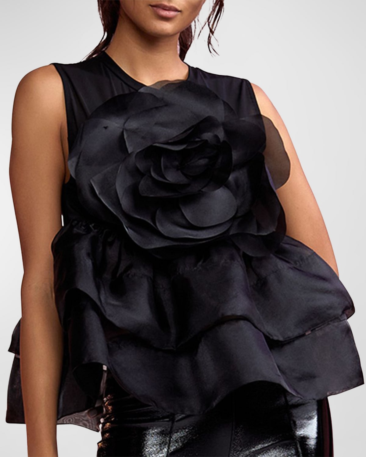 Cynthia Rowley Floral-appliqué Sleeveless Peplum Blouse In Black