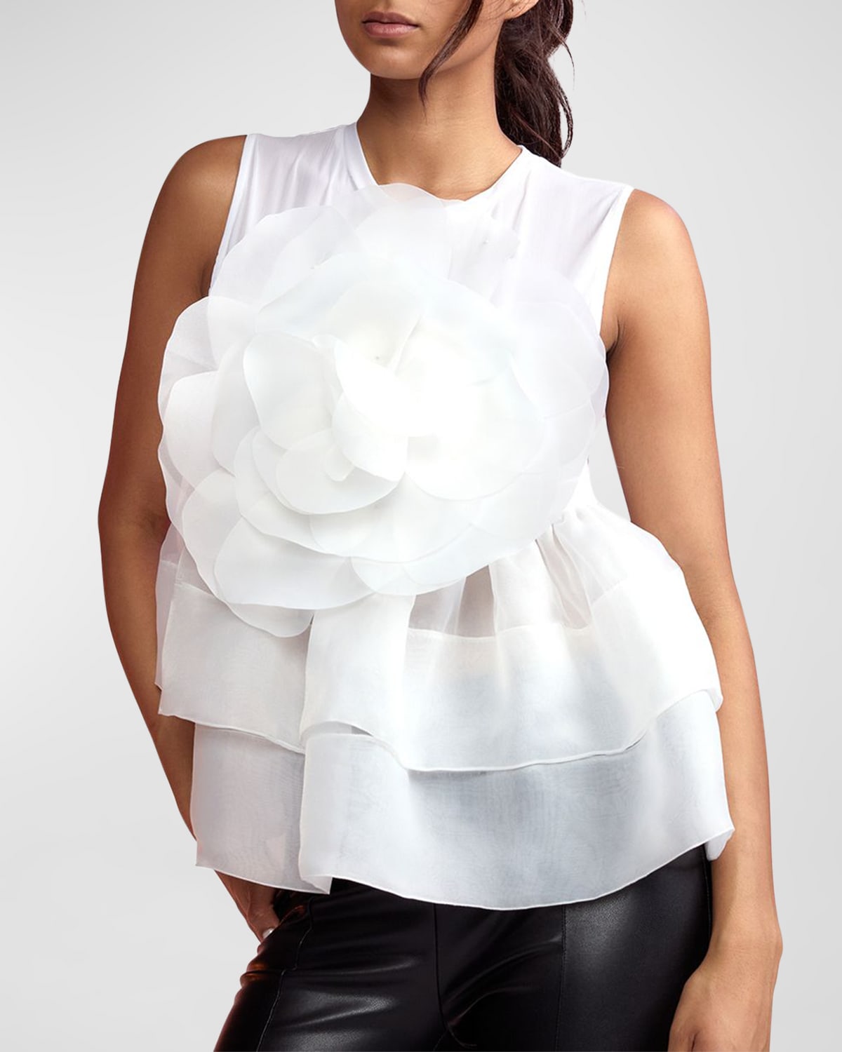 Cynthia Rowley Sleeveless Flower-applique Organza Top In White