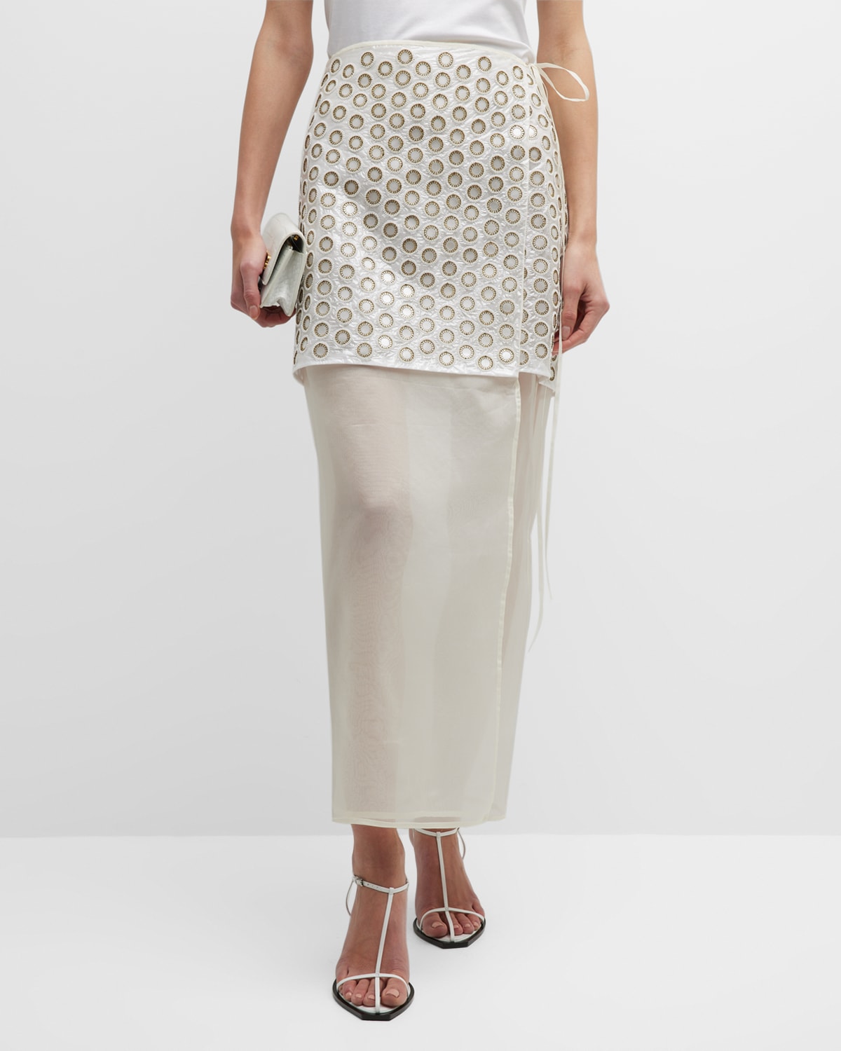 Mirror-Embellished Double-Layer Midi Skirt